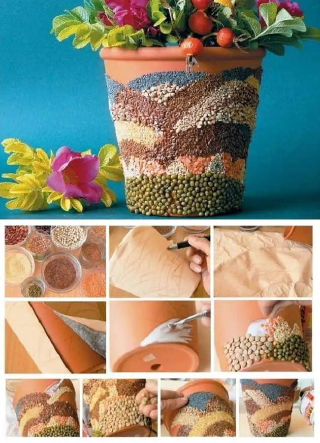 DIY flower pot decorated with beans