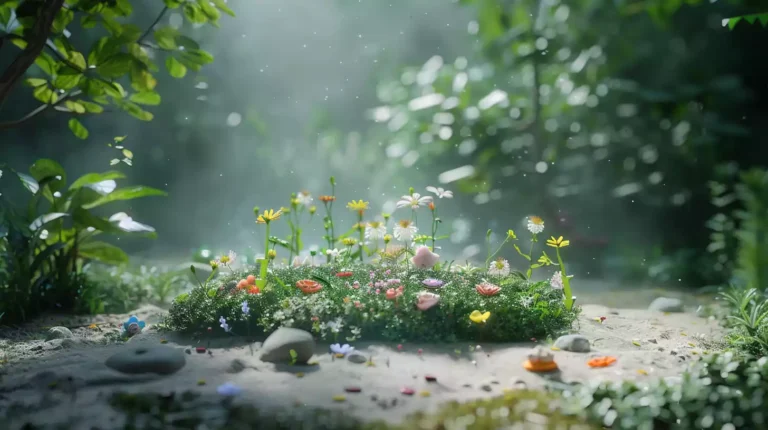 A serene garden scene with a gentle misty background, featuring a small, delicate flowerbed surrounded by a ring of baby powder, with tiny footprints and a few scattered toys nearby.