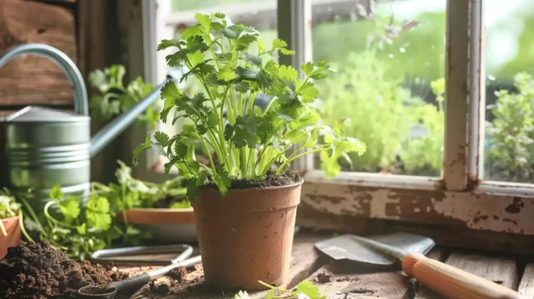 A sunny windowsill with a small pot of cilantro sprouting, surrounded by gardening tools, soil, and a watering can.