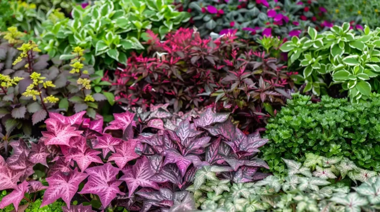 A variety of lush, low-growing ground cover plants in a garden setting. Different textures, colors, and heights are visible to showcase the beauty and functionality of these plants.
