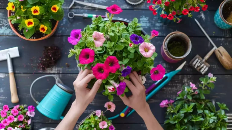 Two hands carefully planting vibrant petunias in a colorful container, surrounded by gardening tools, fertilizer, and a watering can.
