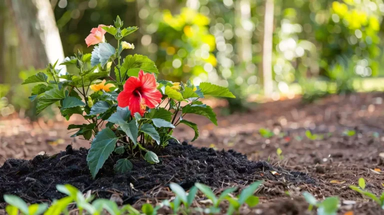 A vibrant hibiscus plant thriving in a sunny outdoor garden with well-draining soil, surrounded by mulch and receiving regular water.