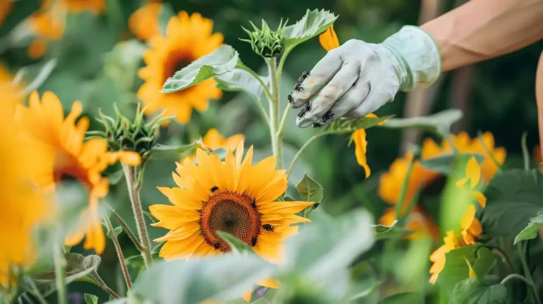 A person wearing gloves carefully plucking black bugs off of vibrant sunflowers in a garden setting. The sunflowers are tall, with bright yellow petals and green leaves.