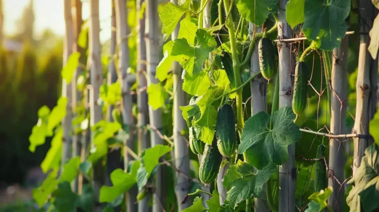 A trellis made of wooden stakes and twine, with lush green cucumber plants climbing upwards. There are ripe cucumbers hanging from the vines.
