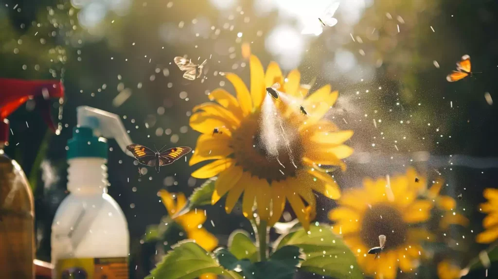 A close up of a sunflower with several moths flying around it, surrounded by various pesticide bottles and sprayers in the foreground, with a blurred garden background.