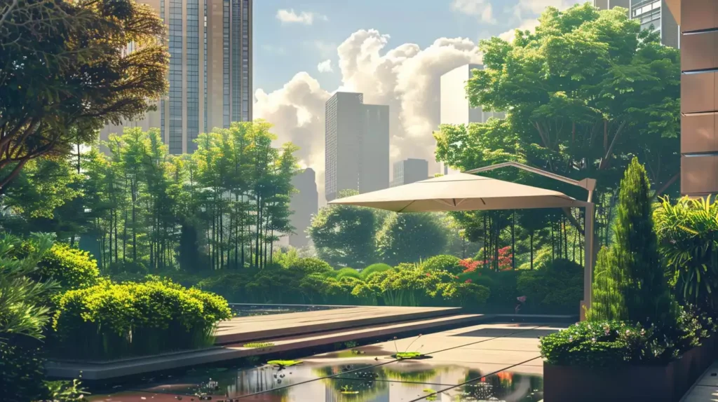A urban oasis scene featuring a modern cantilever umbrella shading a lush greenery-filled courtyard surrounded by sleek city skyscrapers under a warm, sunny sky with subtle clouds.