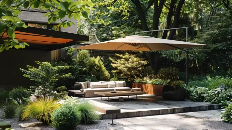 A serene outdoor space with a large, modern cantilever umbrella in a warm, earthy tone, sheltering a sleek, low-profile seating area amidst lush greenery and natural stone flooring.