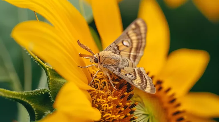 A macro photograph of a sunflower moth's pale yellowish-brown body with dark stripes, perched on a bright yellow sunflower petal, surrounded by faintly lit, blurred green leaves.