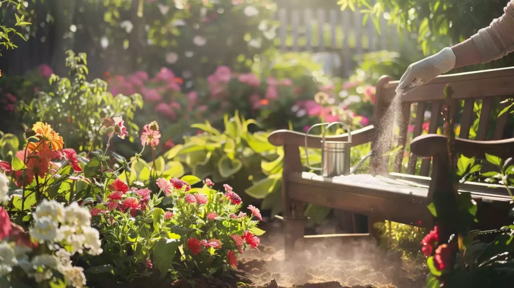 A serene garden scene with a gloved hand sprinkling baby powder over the soil, amidst lush greenery and vibrant flowers, with a subtle background of a wooden garden bench and a watering can.